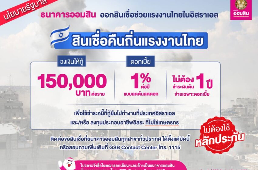  ออมสิน ออกสินเชื่อคืนถิ่นแรงงานไทย ดอกเบี้ย 1% ปลอดชำระเงินต้น 1 ปี