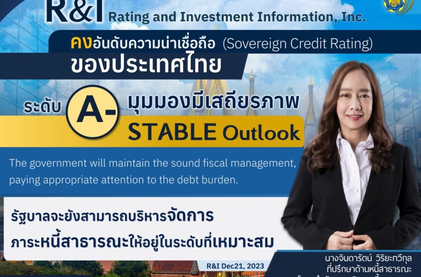  R&I คงอันดับความน่าเชื่อถือของประเทศไทย (Sovereign Credit Rating) ที่ A- และคงมุมมองความน่าเชื่อถือของประเทศไทยอยู่ในระดับมีเสถียรภาพ (Stable Outlook)