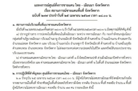 แถลงการณ์ศูนย์สั่งการชายแดนไทยกับประเทศเพื่อนบ้านด้านเมียนมา จ.ตาก  เรื่อง สถานการณ์ชายแดนพื้นที่ อ.แม่สอด จ.ตาก ฉบับที่  297 ประจำวันที่ 25 เม.ย.67